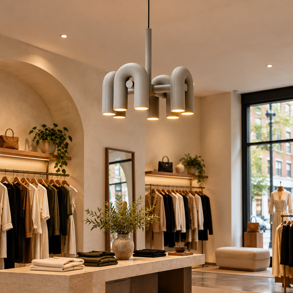 Zuri Modern LED Chandelier, 4 Lights Gray, in a boutique clothing store in a U.S. shopping district