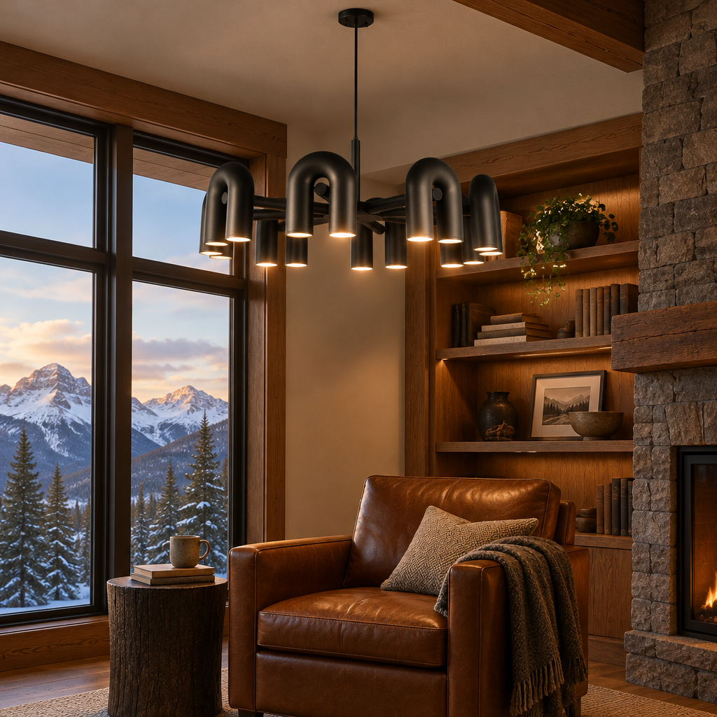 Zuri Modern LED Chandelier, 8 Lights Black, in a Colorado mountain home reading nook with a leather armchair
