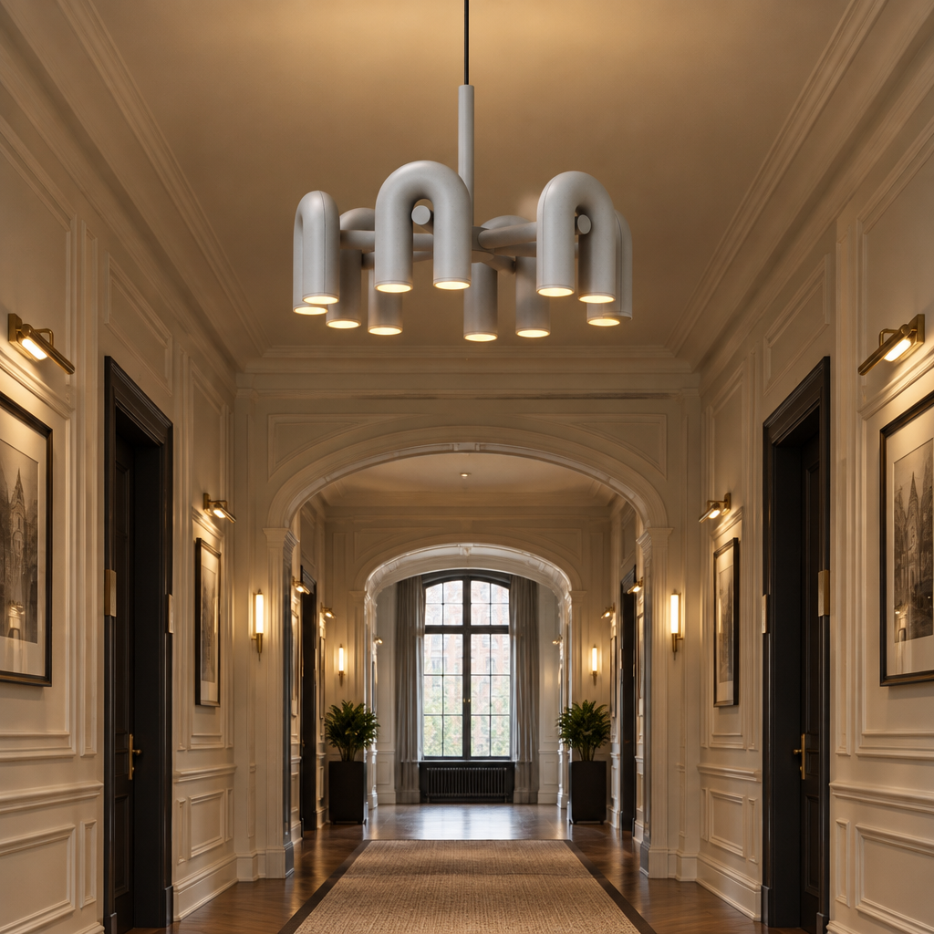 Zuri Modern LED Chandelier, 6 Lights Gray, in a hotel corridor in a renovated U.S. historic hotel