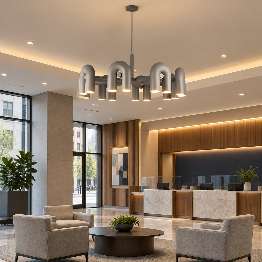 Zuri Modern LED Chandelier, 8 Lights Gray, in a bank branch lobby in a U.S. city