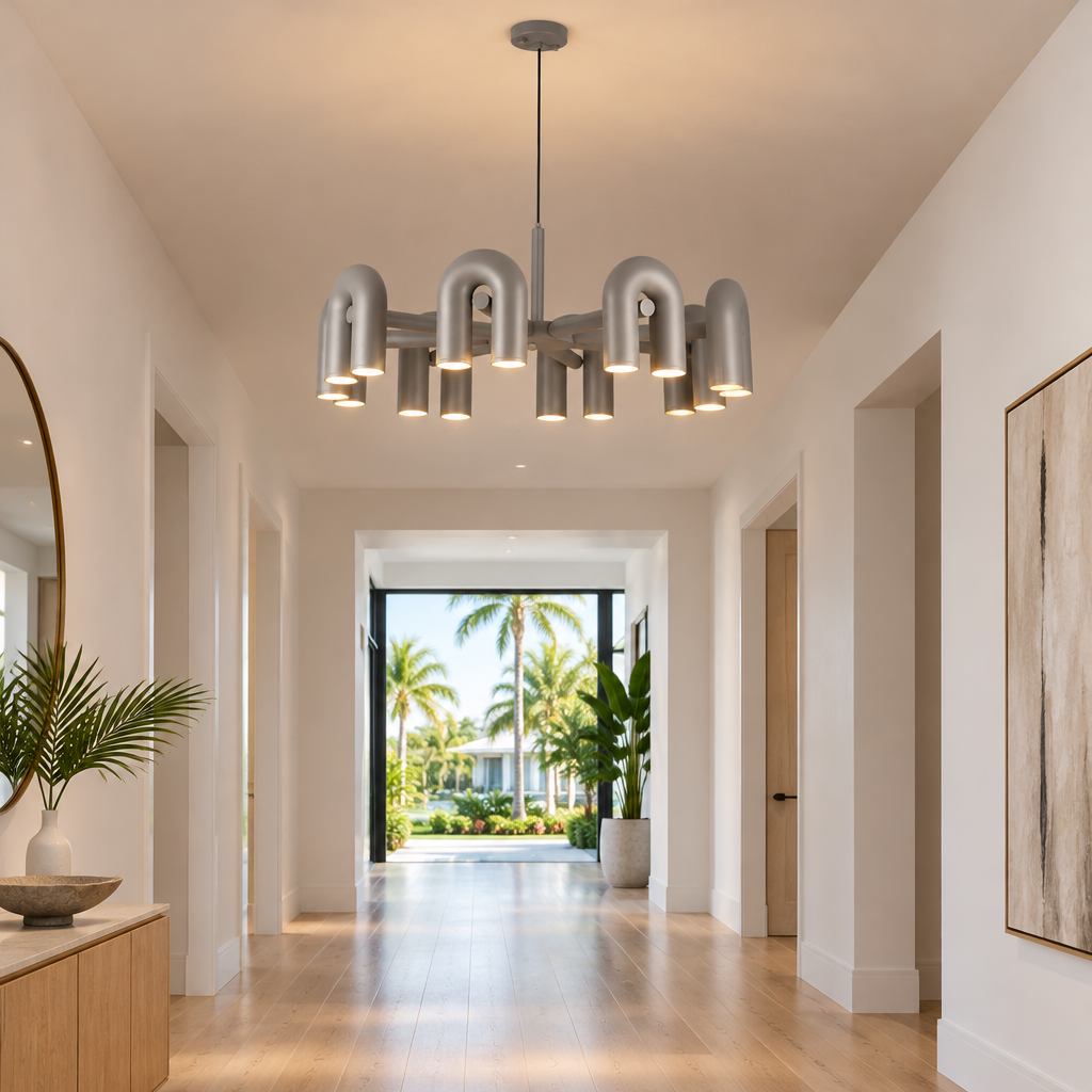 Zuri Modern LED Chandelier, 8 Lights Gray, in a Florida modern home hallway with light wood floors and white walls