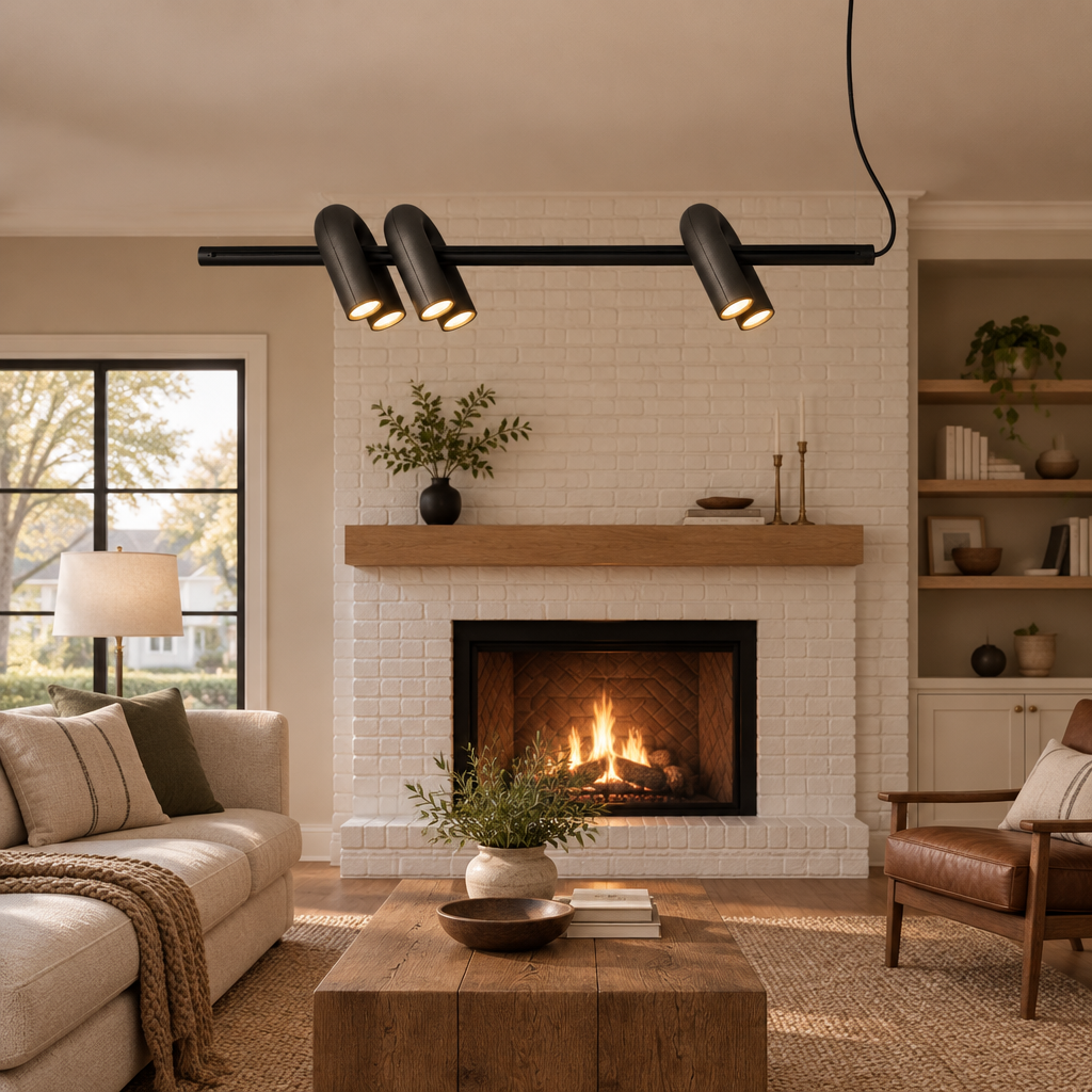 Zuri Modern LED Chandelier, 3 Lights Black, in a cozy American suburban living room with a white brick fireplace and oak floors