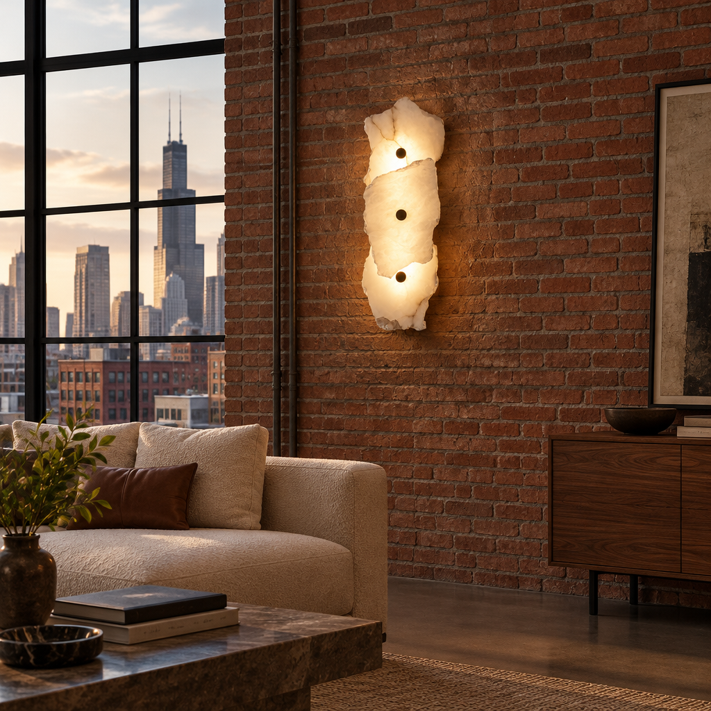 Kaia Alabaster LED Wall Sconce, 3 Lights, in a Chicago loft living area with exposed brick and large factory windows