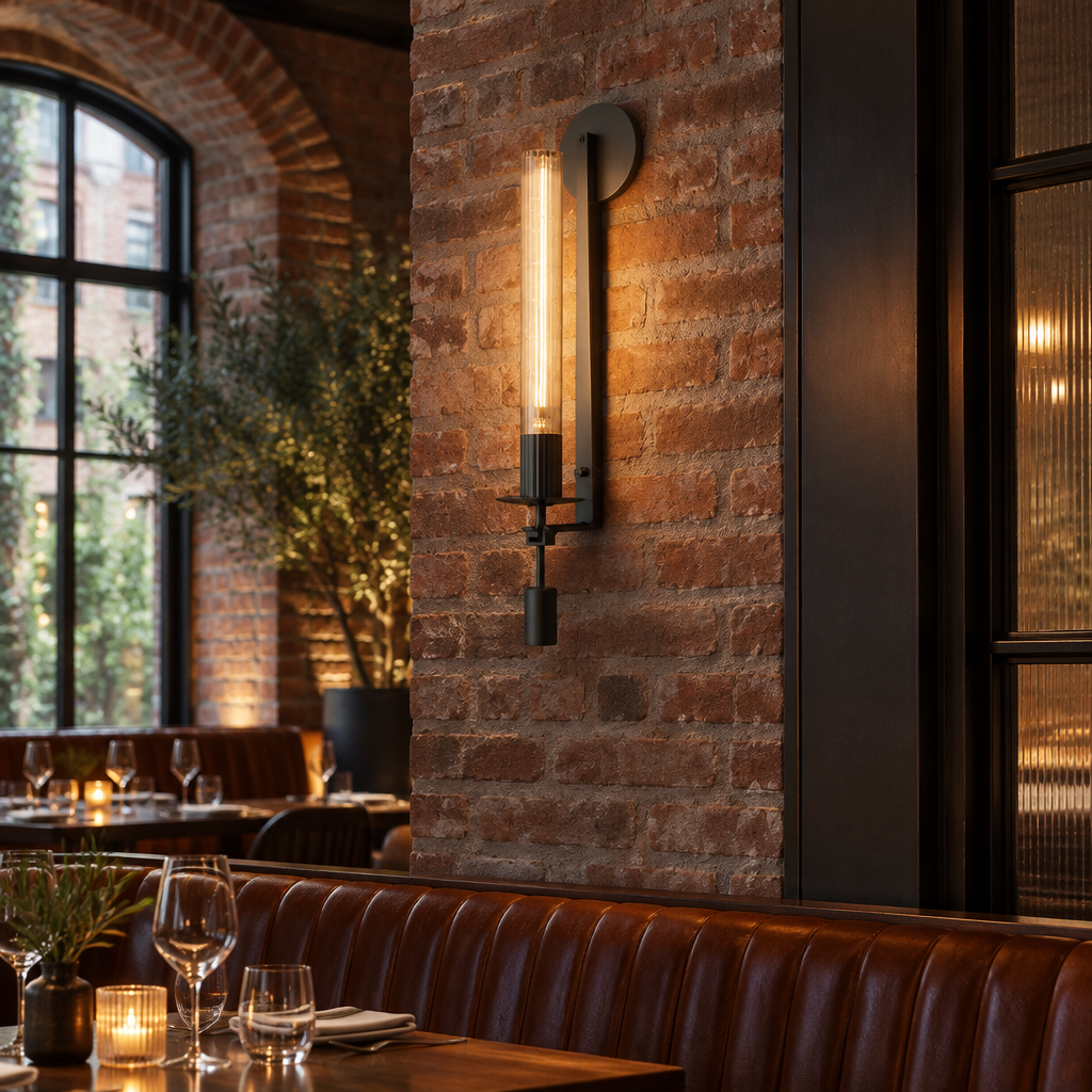 Odalys Brass Ribbed Glass Wall Sconce, Black and clear glass, in an upscale restaurant dining room in a renovated brick building