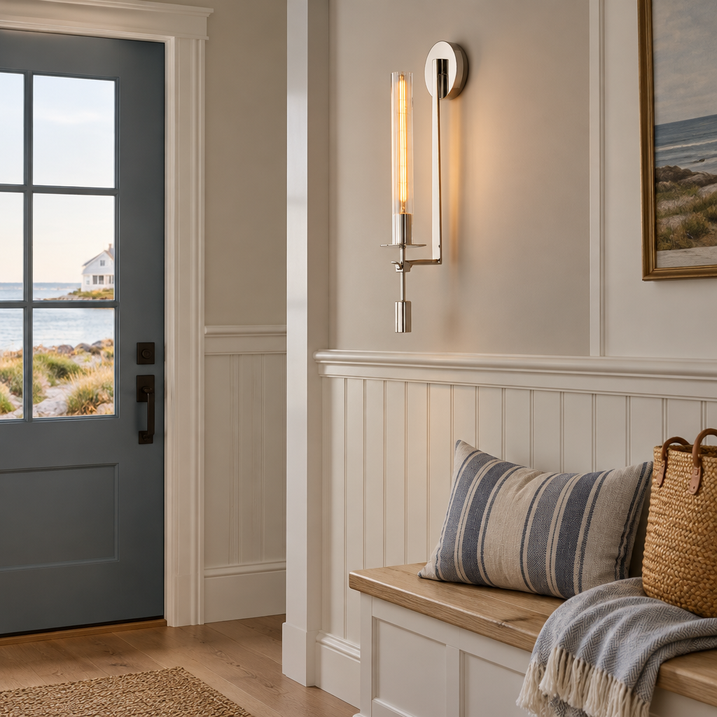Odalys Brass Ribbed Glass Wall Sconce, Chrome and clear glass, in a coastal New England cottage entryway with beadboard and a bench