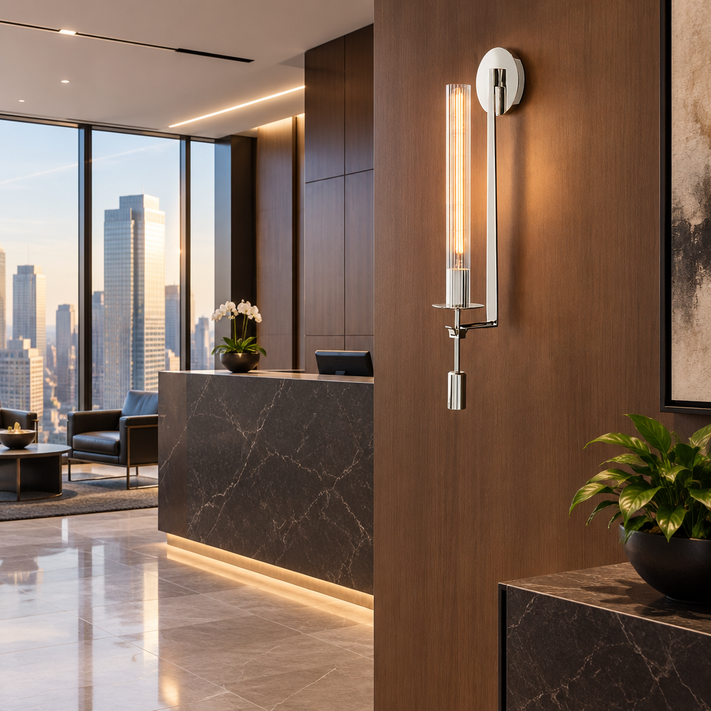 Odalys Brass Ribbed Glass Wall Sconce, Chrome and clear glass, in a modern law office reception area in a U.S. high rise