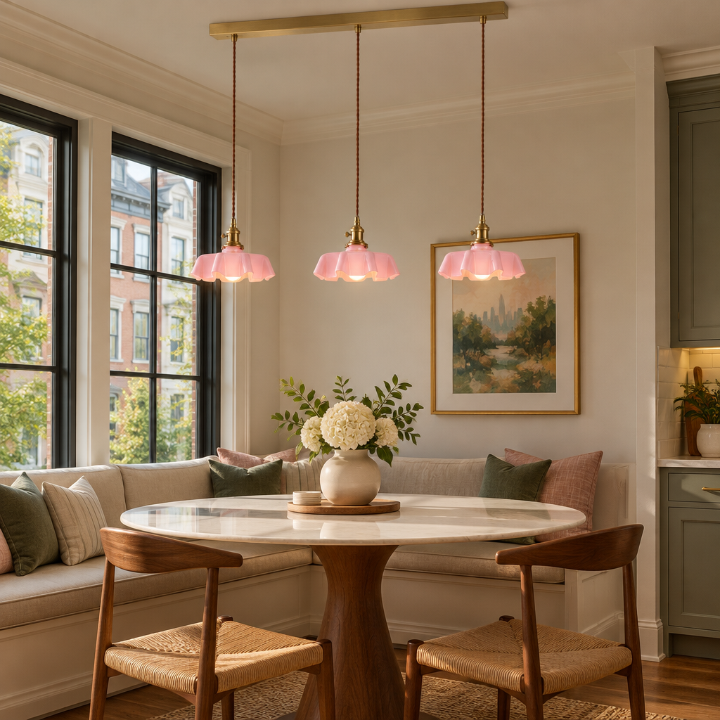 Hyacinth Pleated Glass Pendant Light, 3 Lights Brass and Pink, in an Atlanta townhouse breakfast nook with a round table