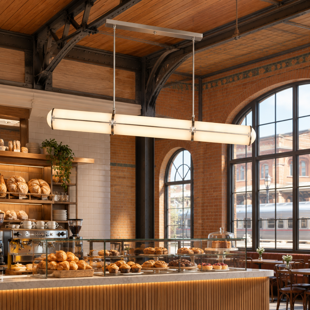 Axton Linear LED Pendant Light, Brushed Nickel and White with long canopy, in a bakery cafe in a renovated American train depot