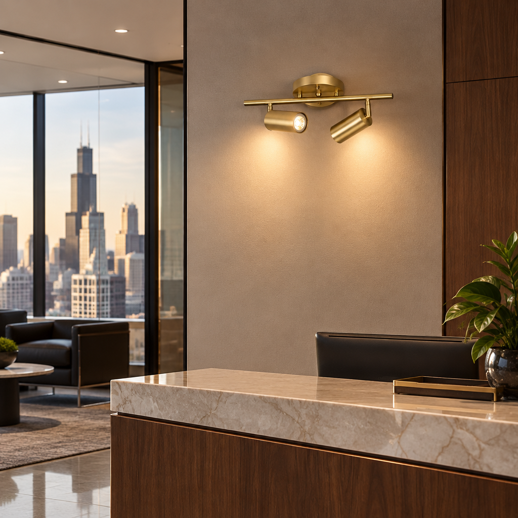 Ziva Adjustable Spotlight Wall Light, 2 Lights Brass, in a modern law office reception area in a U.S. high rise