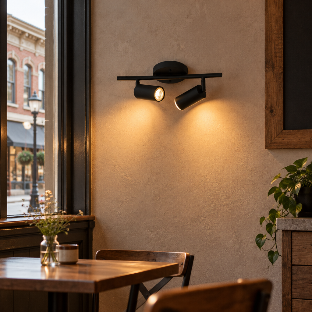 Ziva Adjustable Spotlight Wall Light, 2 Lights Matte Black, in a coffee shop in a historic Main Street storefront