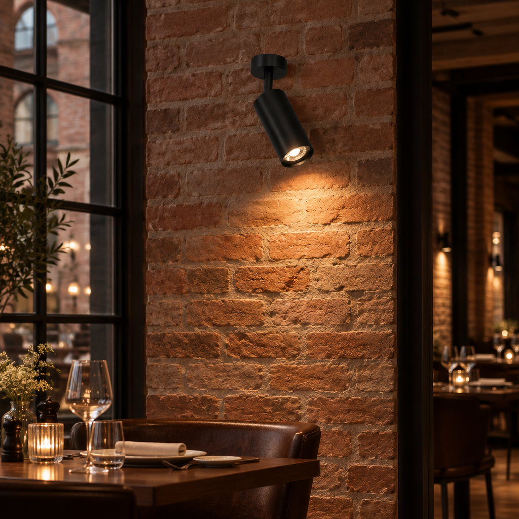 Ziva Adjustable Spotlight Wall Light, 1 Light Matte Black, in an upscale restaurant dining room in a renovated brick building