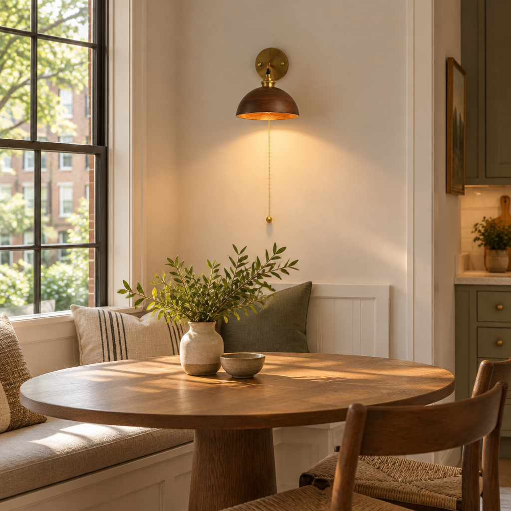 Elm Walnut Wood Wall Sconce, Model A, in an Atlanta townhouse breakfast nook with a round table