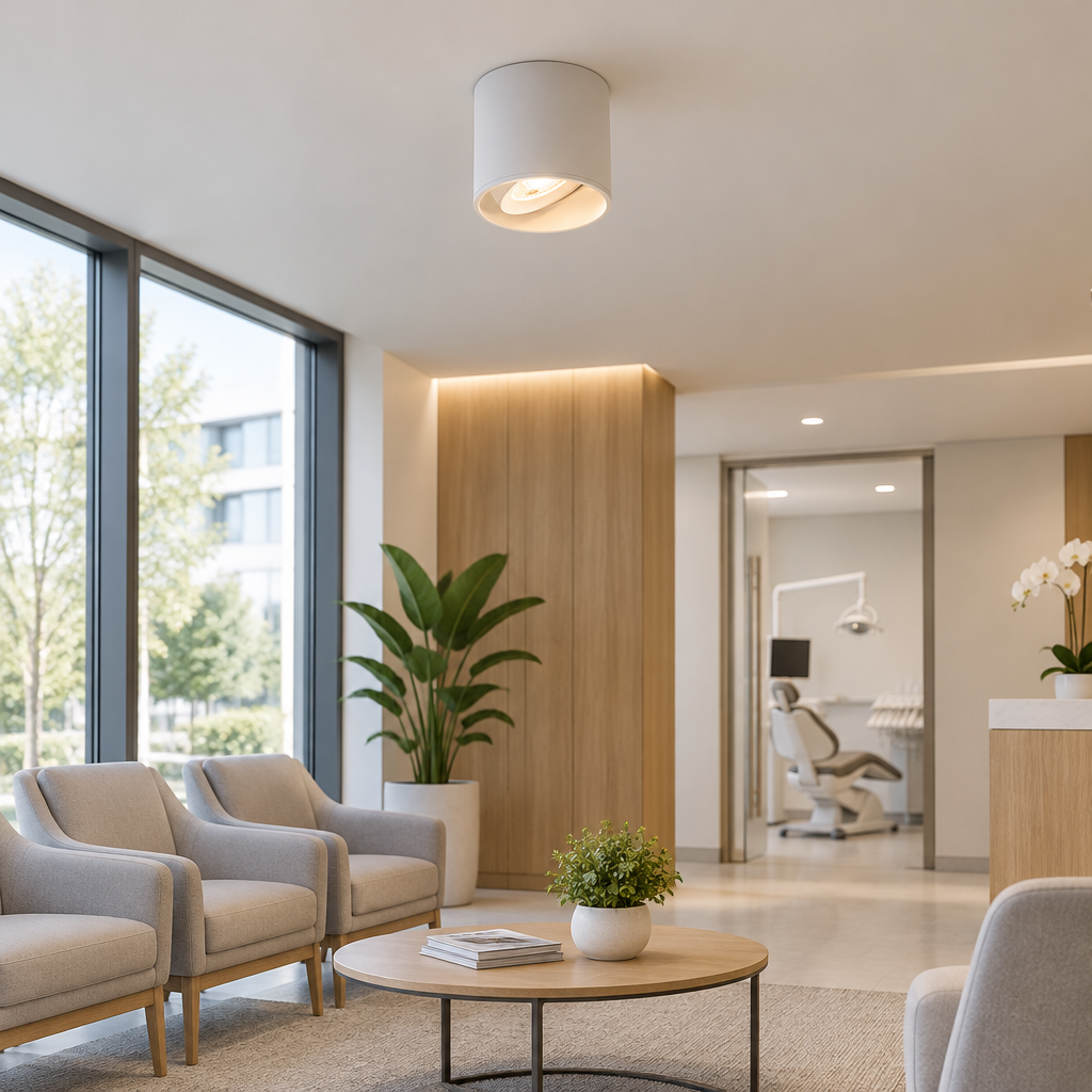 Pico LED Surface Mount Spotlight, Single White, in a dental office waiting room in a modern medical building