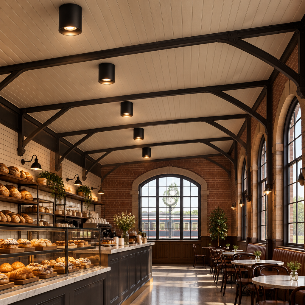 Pico LED Surface Mount Spotlight, Set of 5 Black, in a bakery cafe in a renovated American train depot