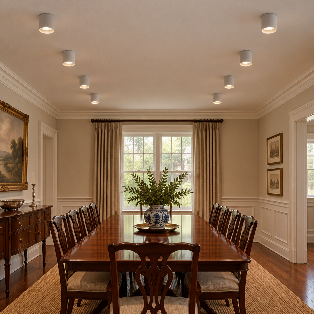 Pico LED Surface Mount Spotlight, Set of 10 White, in a colonial style dining room with wainscoting and a mahogany table
