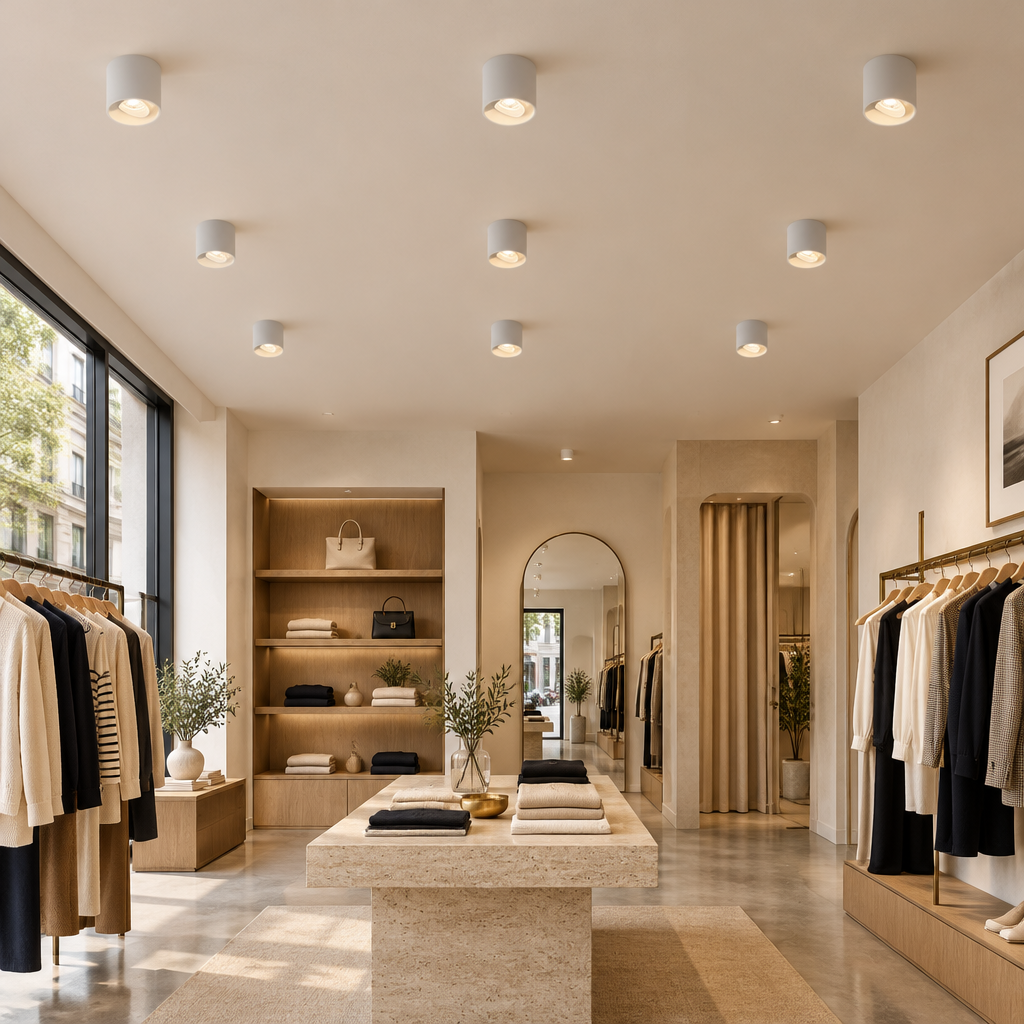 Pico LED Surface Mount Spotlight, Set of 10 White, in a boutique clothing store in a U.S. shopping district