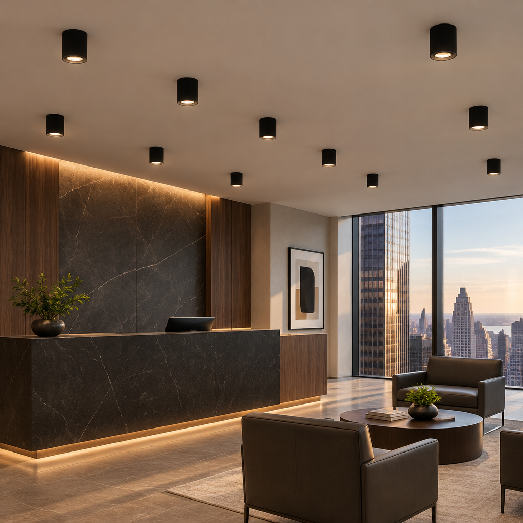 Pico LED Surface Mount Spotlight, Set of 10 Black, in a modern law office reception area in a U.S. high rise