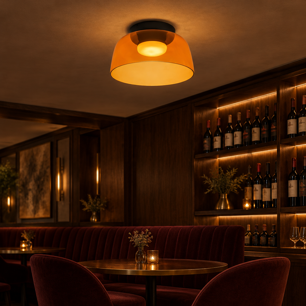 Tiera Layered Glass Ceiling Light, Single Orange, in an intimate wine bar with dark wood and velvet seating