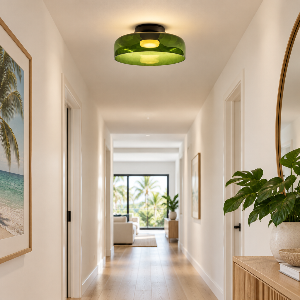 Tiera Layered Glass Ceiling Light, Single Green, in a Florida modern home hallway with light wood floors and white walls