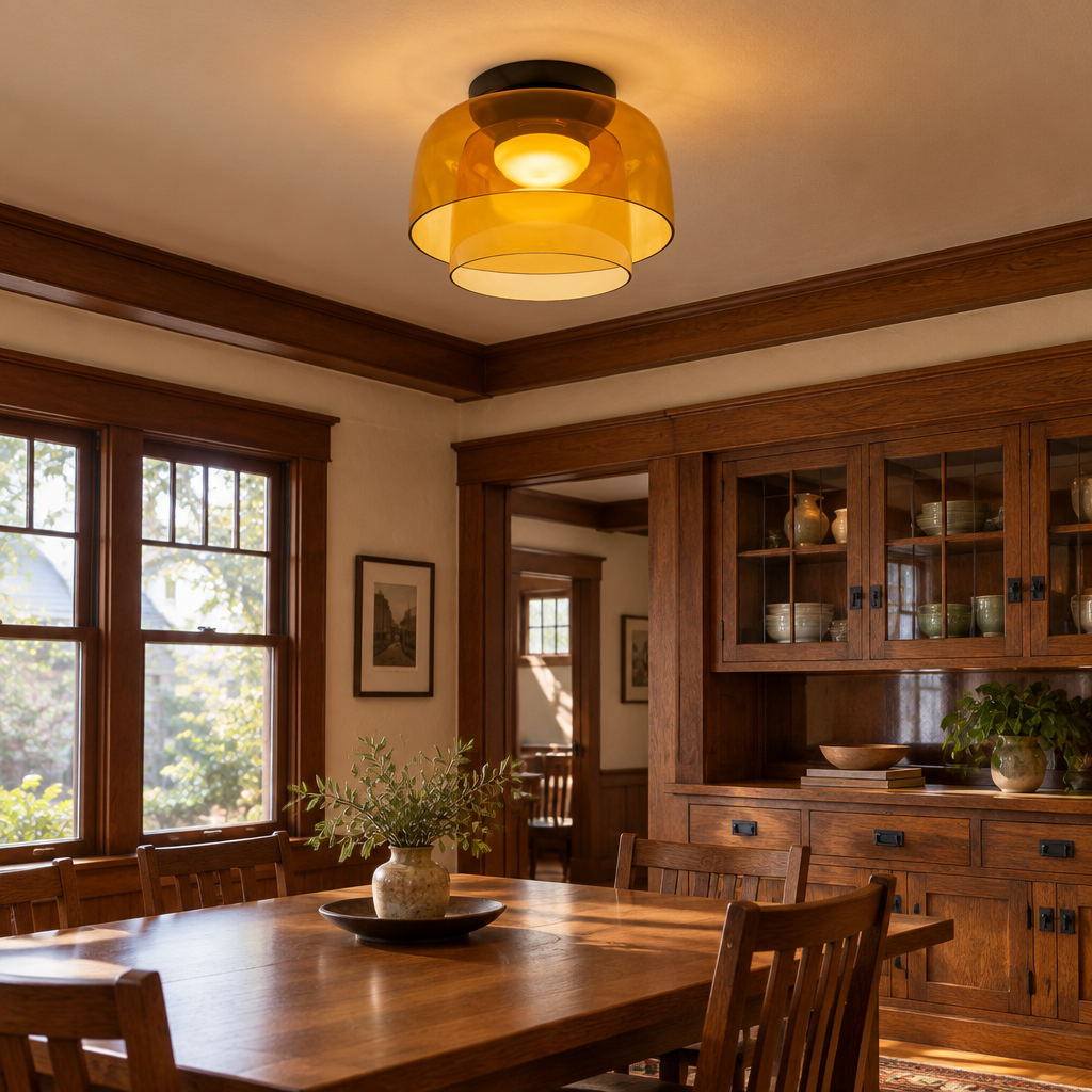 Tiera Layered Glass Ceiling Light, Double Orange, in a craftsman bungalow dining room with wood trim and built-in cabinets