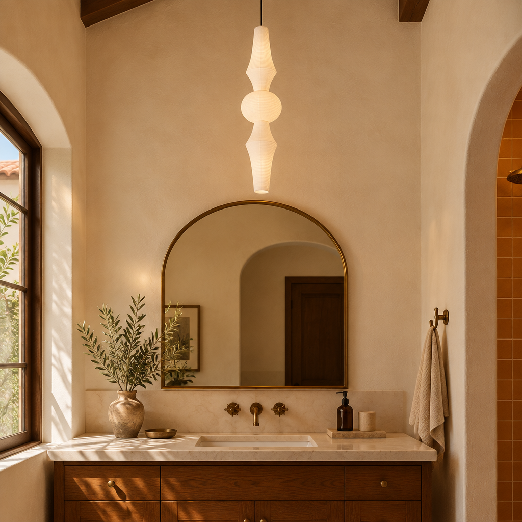 Kumo Washi Paper Pendant Light in a Southern California Spanish bungalow bathroom with a vanity and arched mirror
