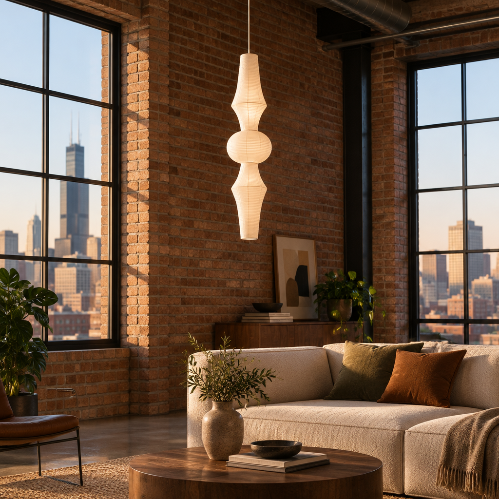 Kumo Washi Paper Pendant Light in a Chicago loft living area with exposed brick and large factory windows