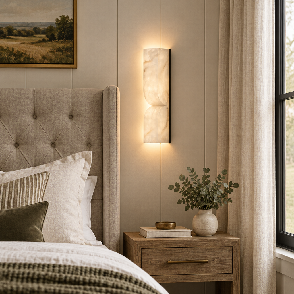 Esker Carved Alabaster Wall Sconce, Black and White Alabaster, in a Nashville modern farmhouse primary bedroom with a tufted headboard