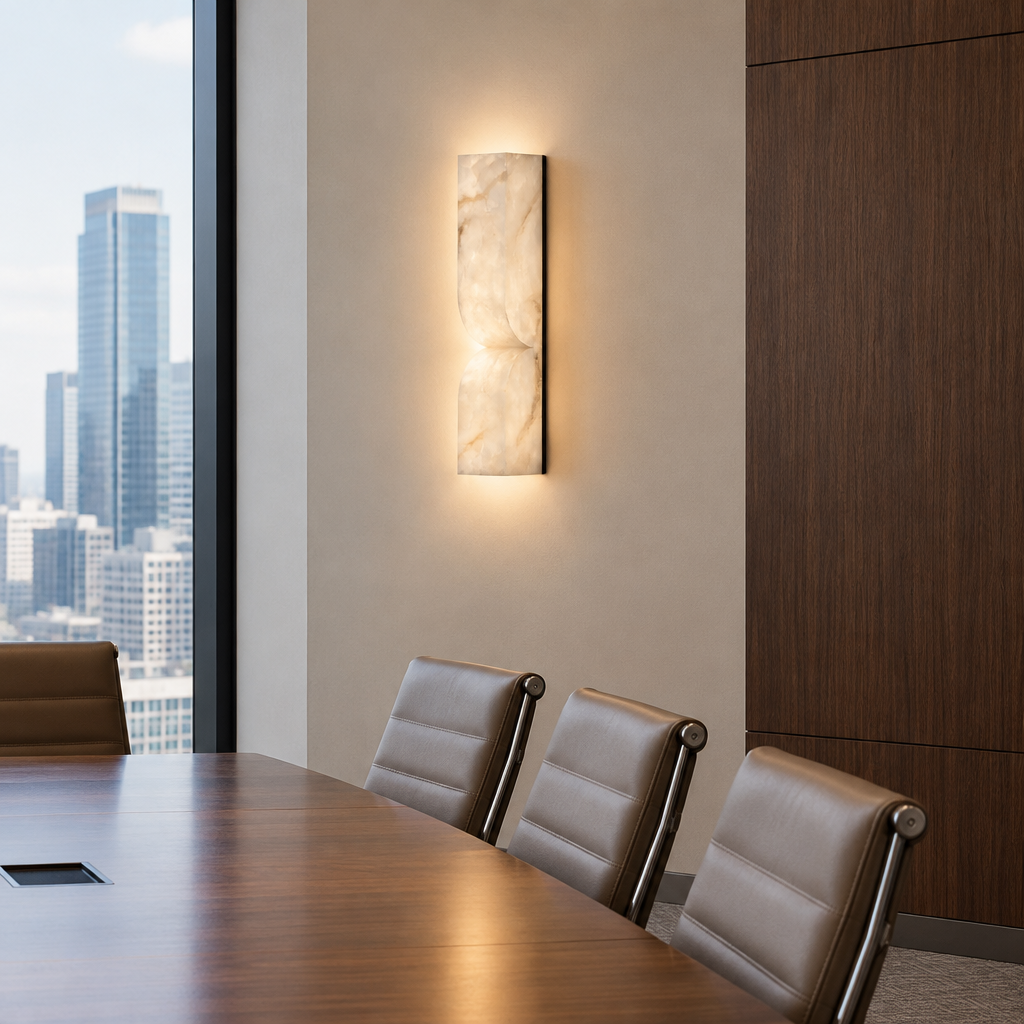 Esker Carved Alabaster Wall Sconce, Black and White Alabaster, in a corporate conference room in a Class A office building