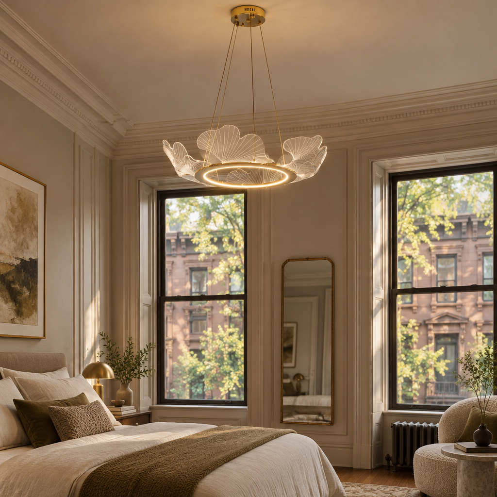 Undine Gold Leaf LED Chandelier in an East Coast brownstone bedroom with tall sash windows and crown molding