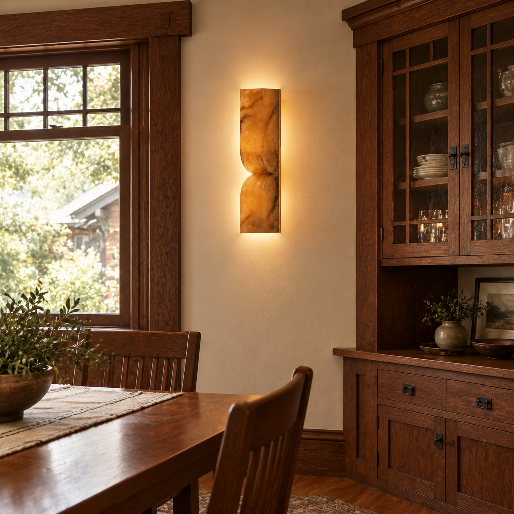 Esker Carved Alabaster Wall Sconce, Gold and Brown Alabaster, in a craftsman bungalow dining room with wood trim and built-in cabinets