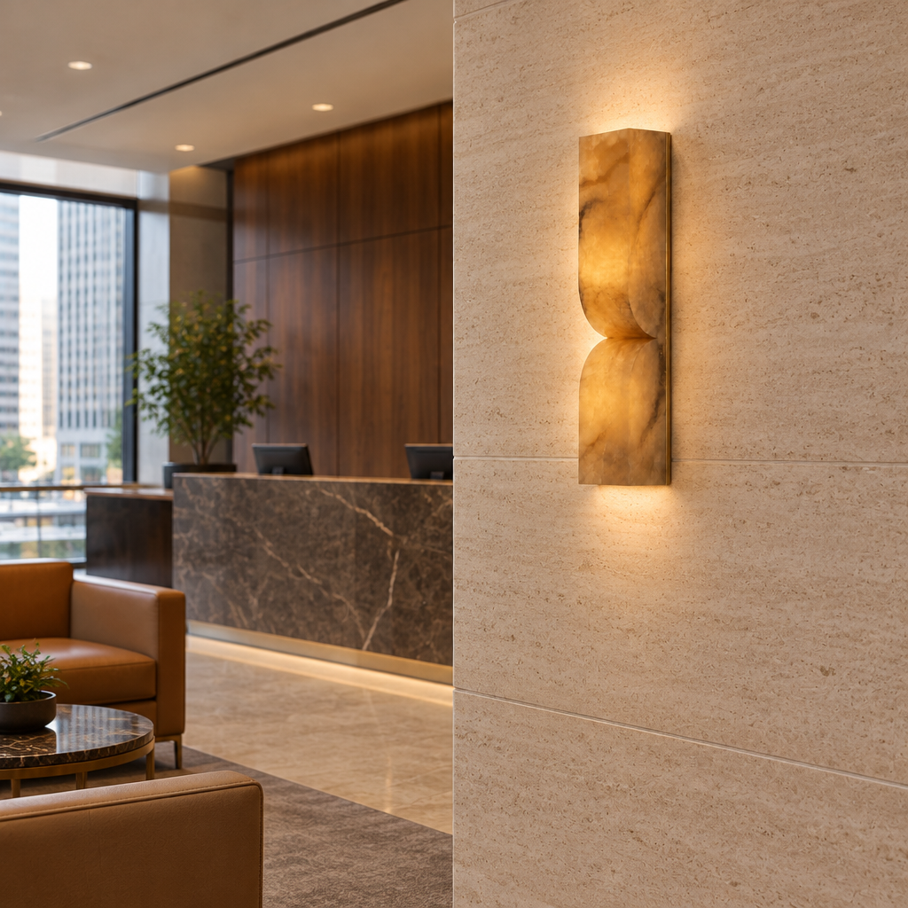 Esker Carved Alabaster Wall Sconce, Gold and Brown Alabaster, in a bank branch lobby in a U.S. city