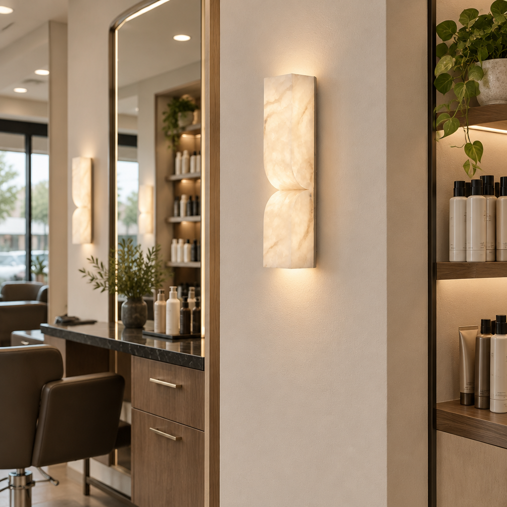 Esker Carved Alabaster Wall Sconce, Nickel and White Alabaster, in an upscale hair salon in a U.S. strip mall