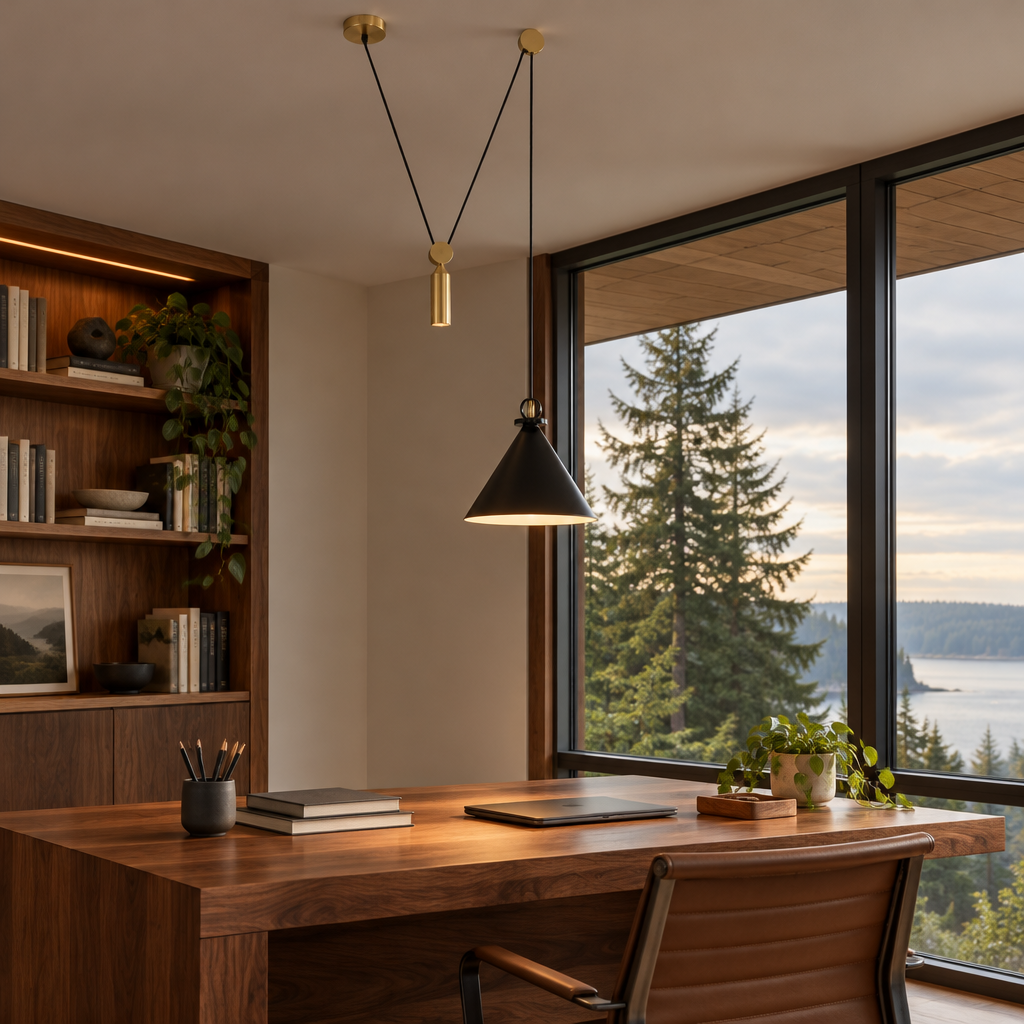 Kubik Geometric Modular Chandelier, Section A Black, in a Pacific Northwest home office with large windows and a walnut desk