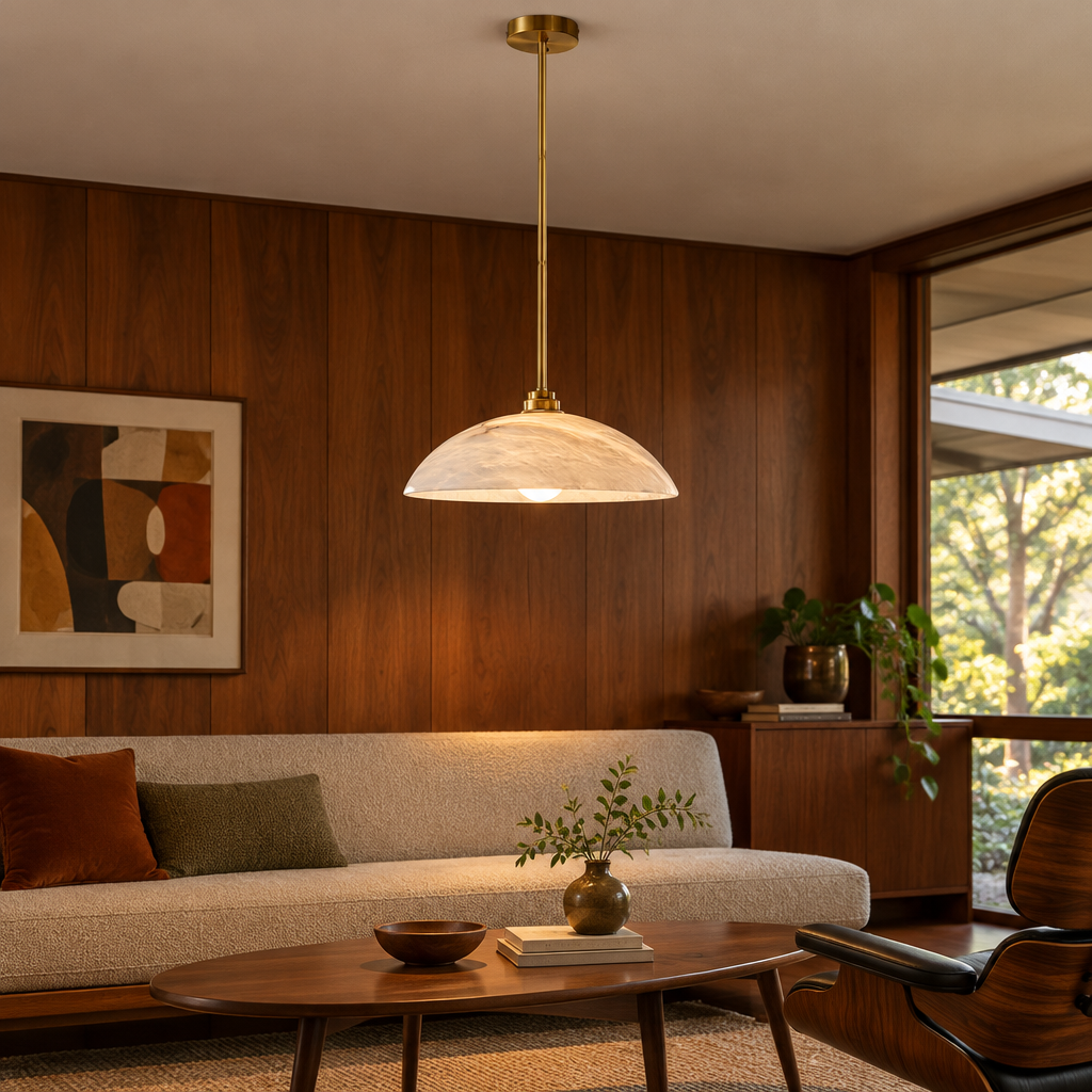 Dahlia Alabaster Dome Pendant Light, Rod mount, brass and white alabaster, in a mid-century ranch house den with walnut paneling and a low sofa