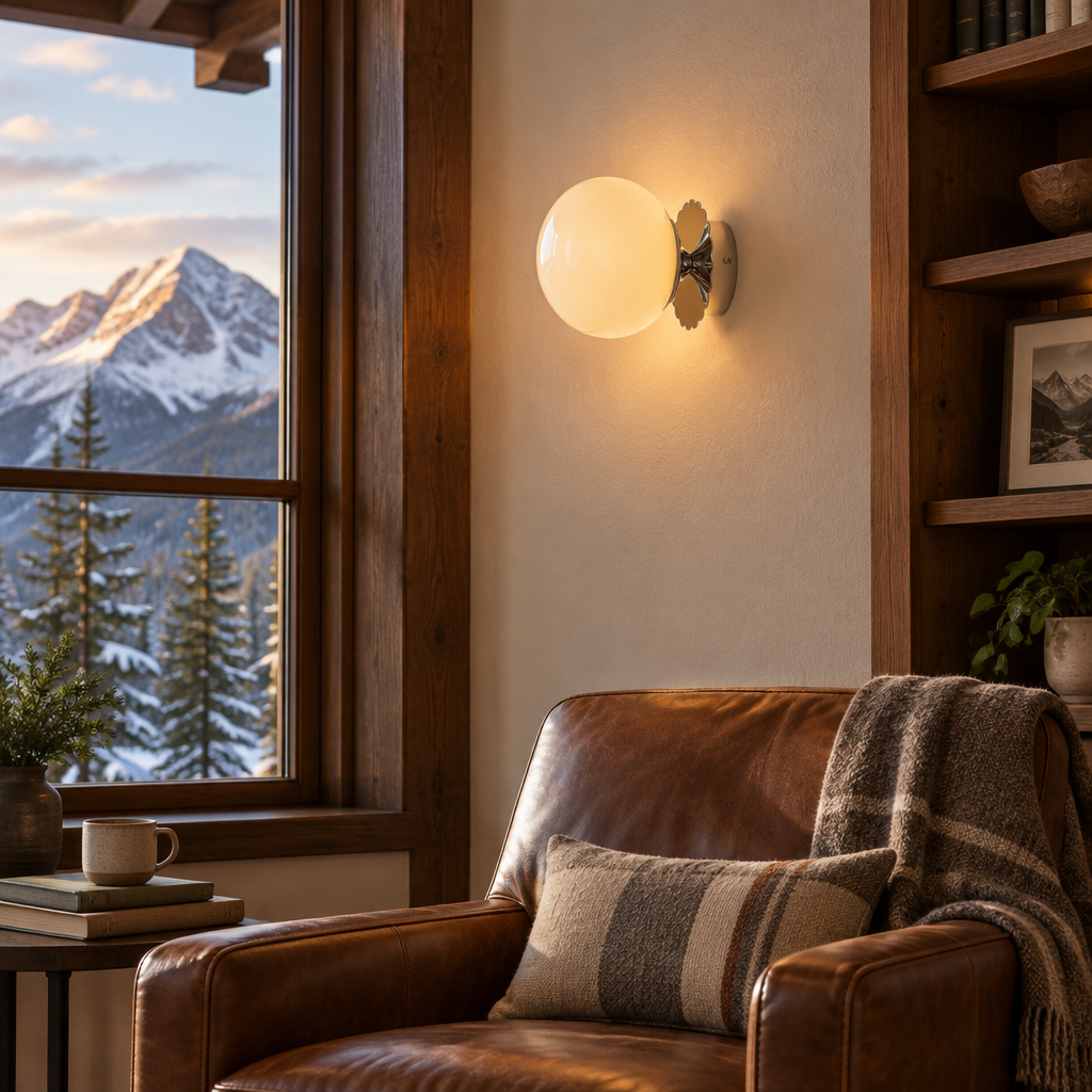 Wisp Glass Wall Sconce, Chrome and Beige, in a Colorado mountain home reading nook with a leather armchair
