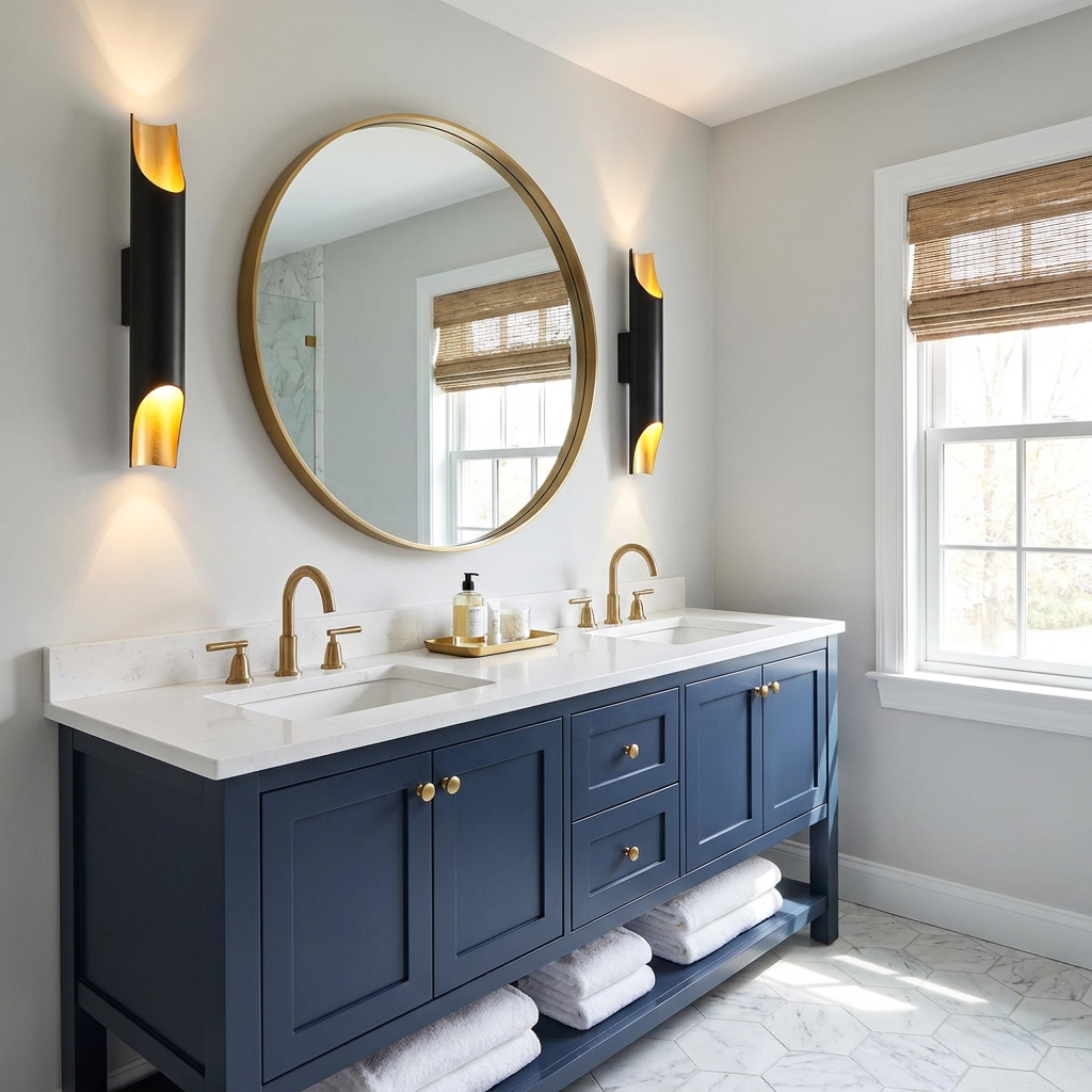 Solenne small black and gold wall sconces flanking a bathroom vanity mirror