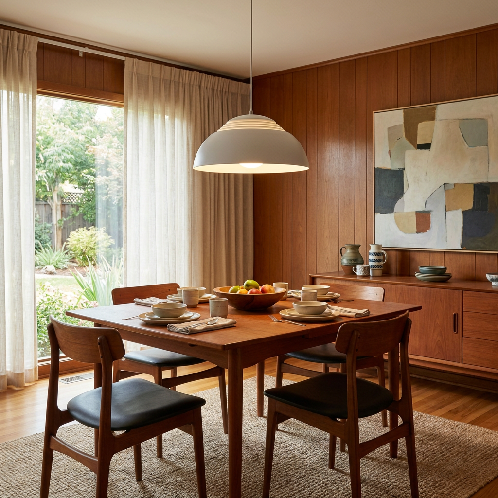 Odeline white pendant light above the dining table of a mid-century ranch home