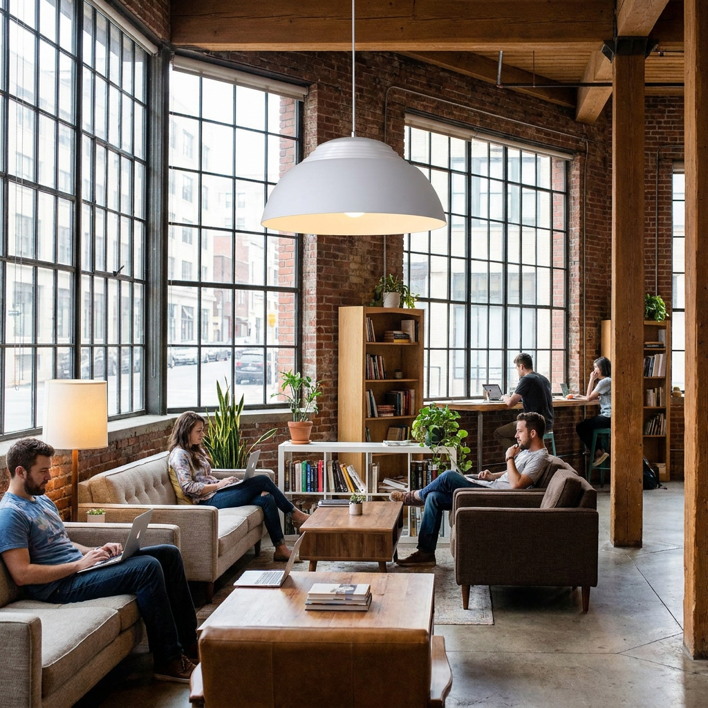 Odeline white pendant light in a coworking space lounge with large windows