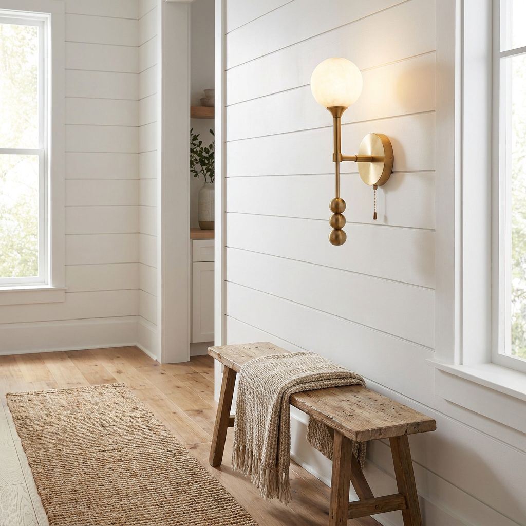 Isaure brushed brass wall sconce on a white shiplap hallway wall of a modern farmhouse