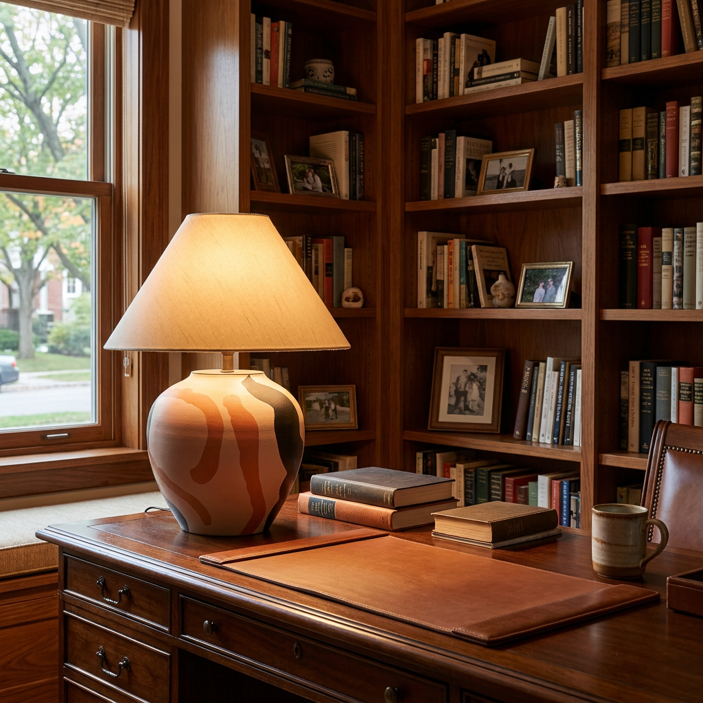 Siena table lamp on a writing desk in a home office with bookshelves