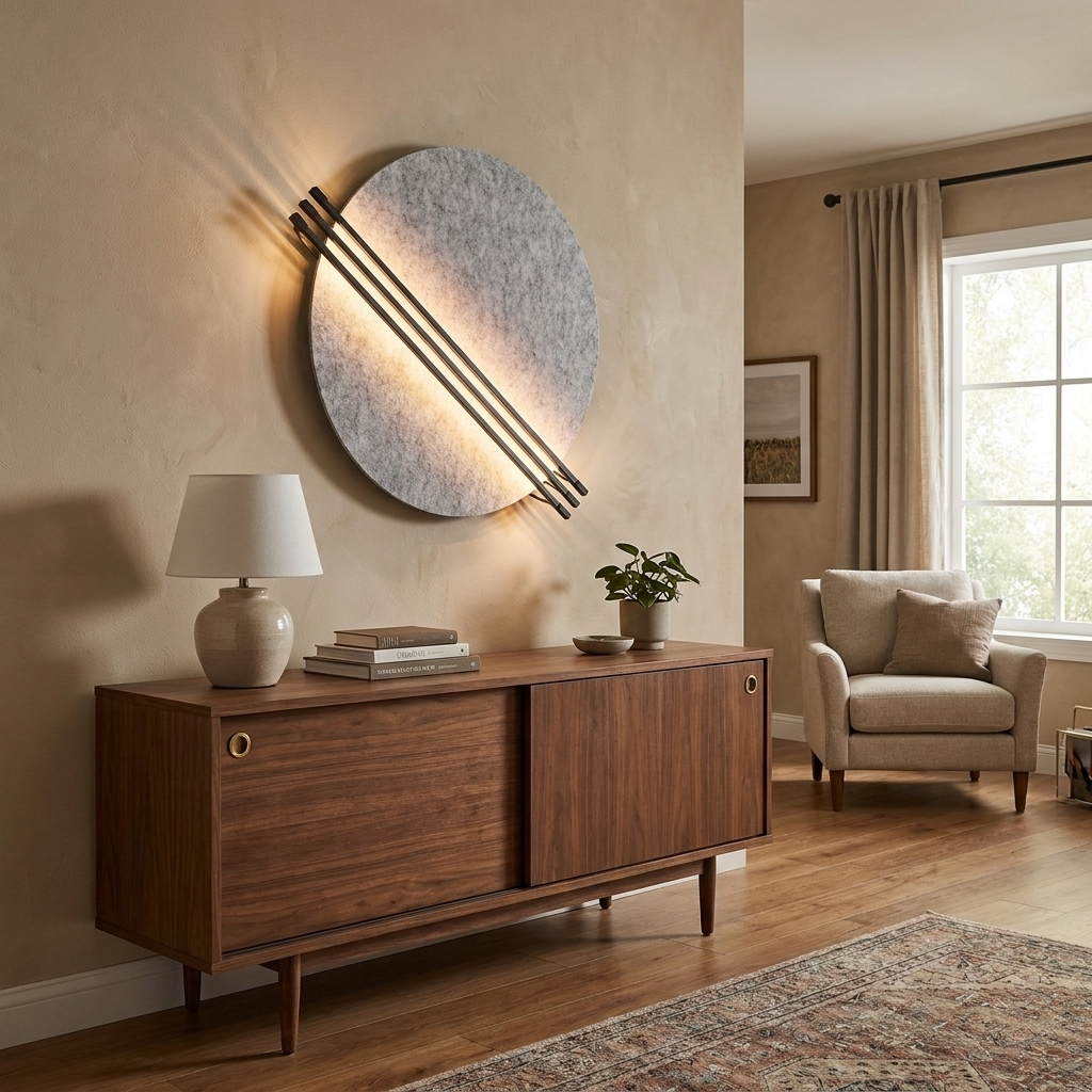 Aurore grey wall sconce over a mid-century modern credenza in a suburban living room