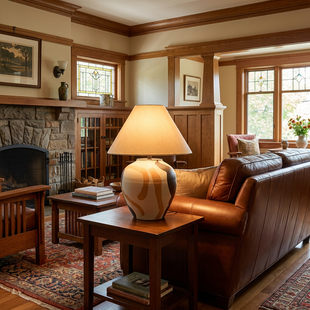 Siena table lamp on a side table next to a leather sofa in a craftsman living room