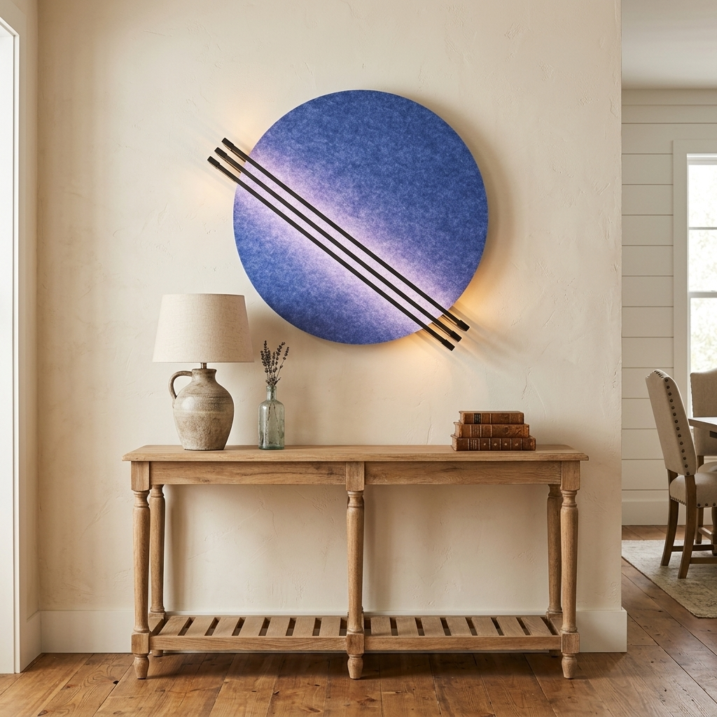 Aurore blue wall sconce above a console table in a modern farmhouse dining room