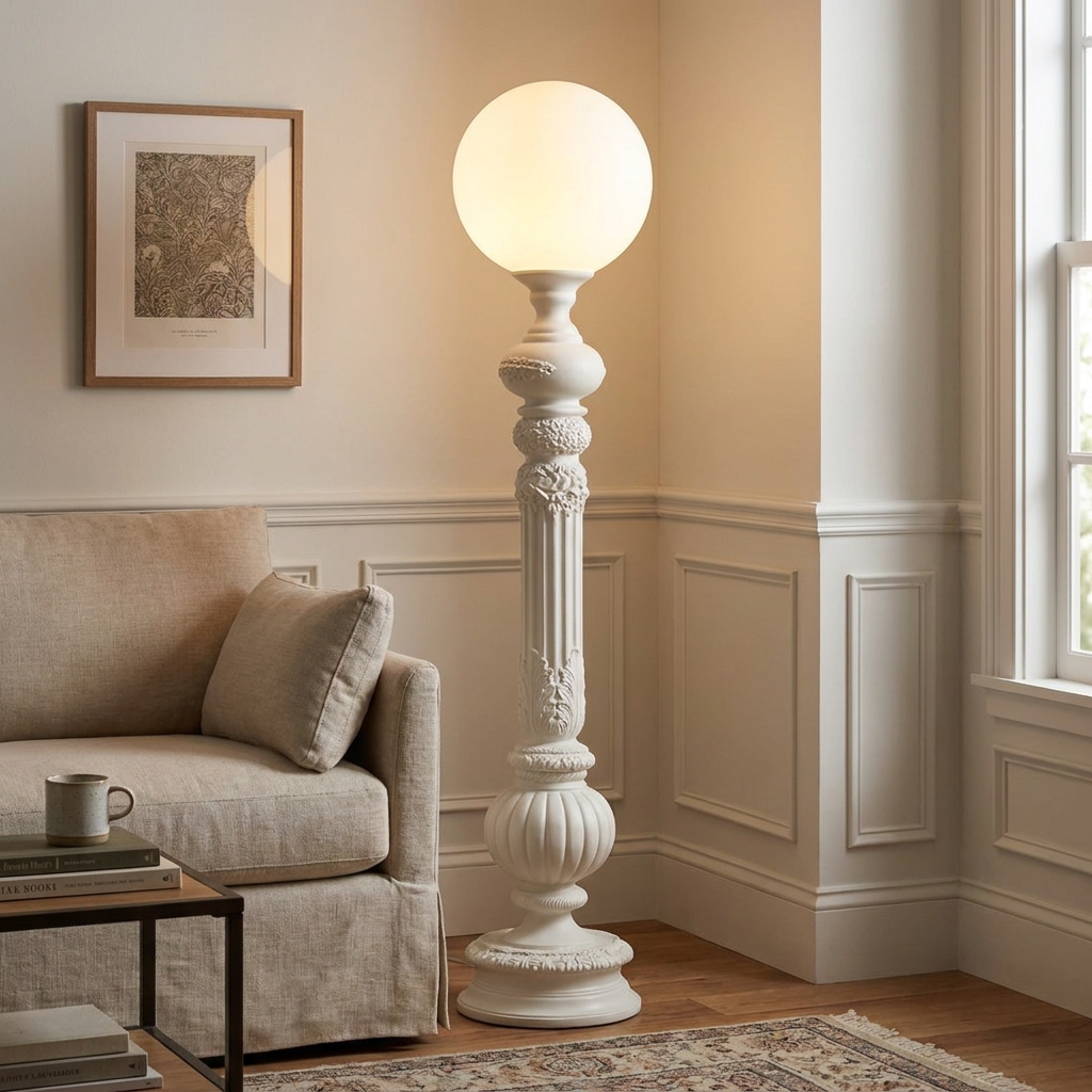 Corinthe ivory white floor lamp in the corner of a transitional American living room beside a linen sofa