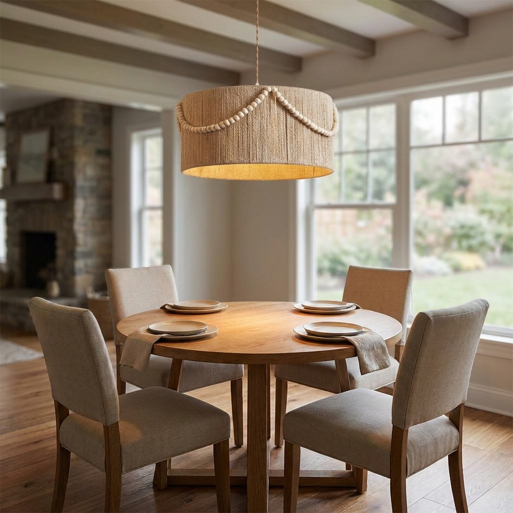 Cordelia pendant light above a round oak dining table in a transitional suburban home