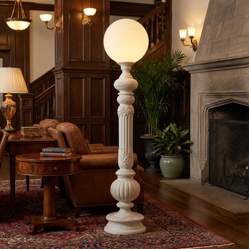 Corinthe ivory white floor lamp in the lobby of a boutique hotel