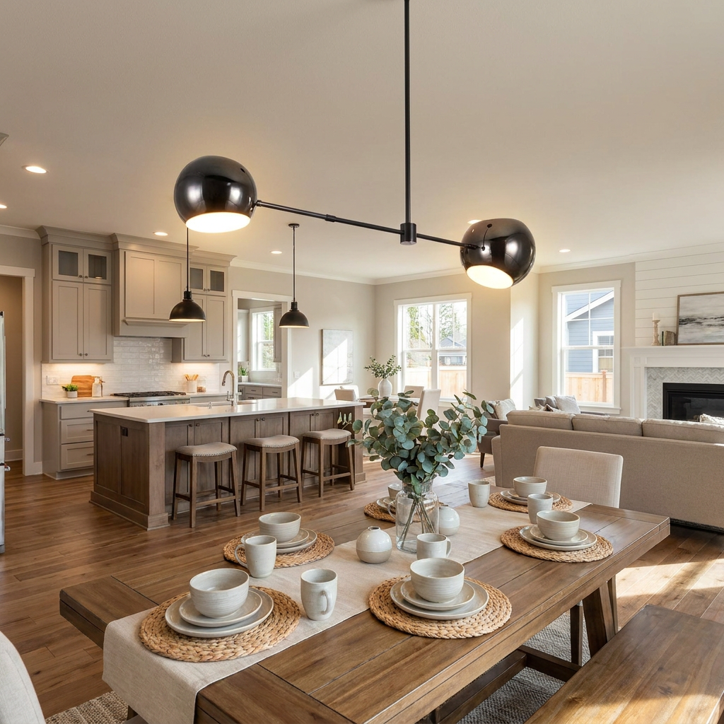 Equilia 2 heads chandelier above a dining table in an open plan transitional suburban home