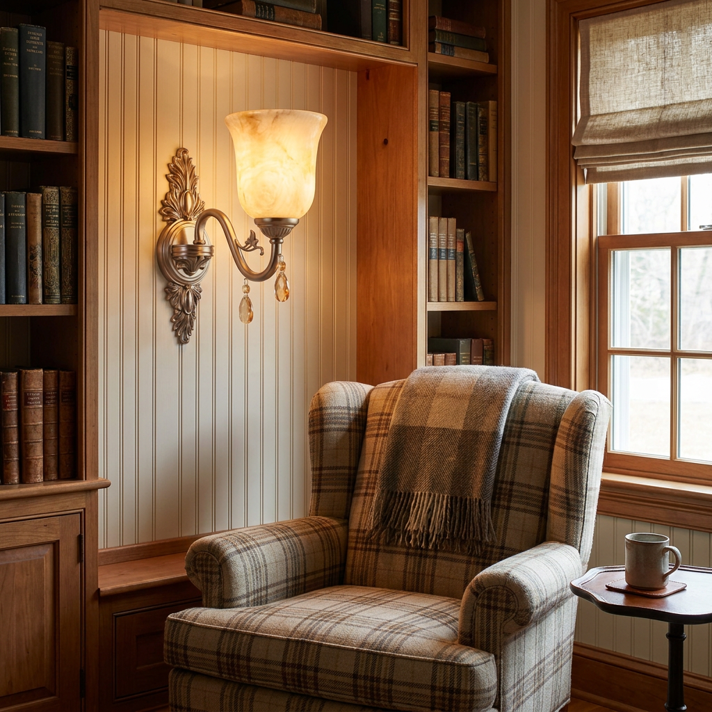 Clotilde nickel wall sconce beside a reading chair in a cozy home library of a Cape Cod house