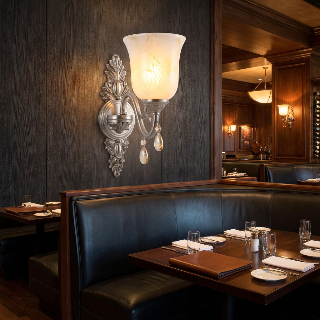 Clotilde nickel wall sconce on the wall of an upscale American steakhouse dining room with leather booths