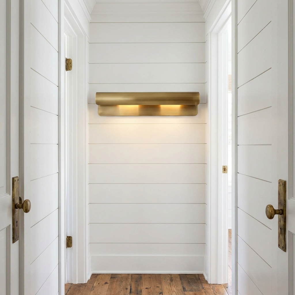 Albane 19.7 inch wall sconce on a white shiplap hallway wall of a modern farmhouse